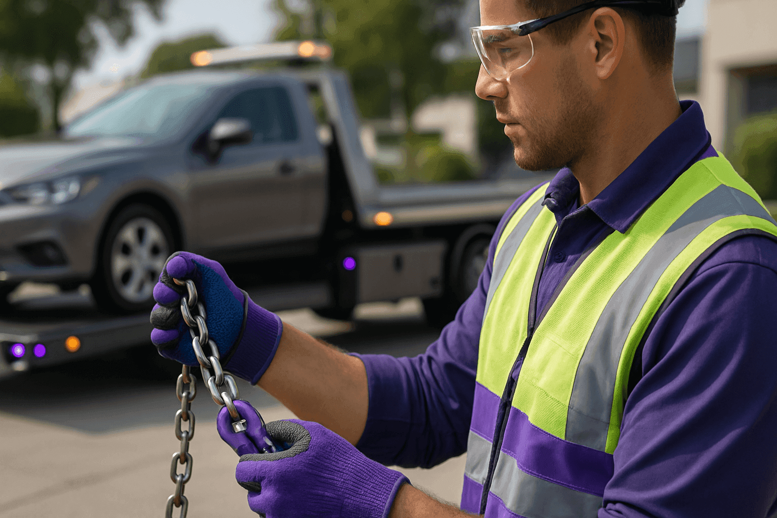 Tow truck worker's gloved hand with safety gear at roadside towing scene