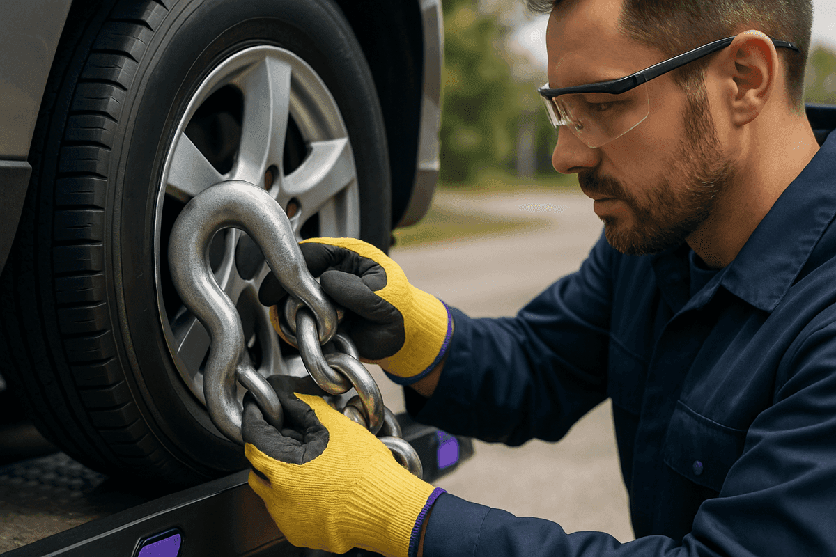 Tow truck operator securing tow hook to vehicle wheel with safety gloves
